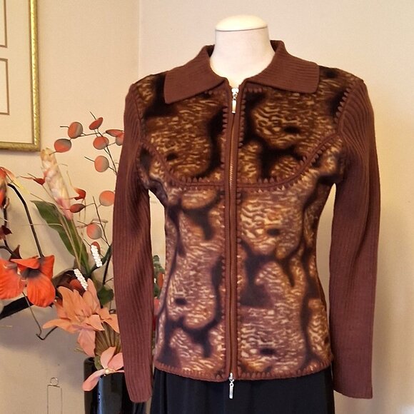 NWT Woman's Brown Multi Color Zip-Up Cardigan Knitwear Lightweight Sweater 6 S - Picture 2 of 6